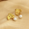 Wholesale Vintage Natural Geometric Stainless Steel 18K Gold Plated Pearl Ginkgo Leaf Earrings