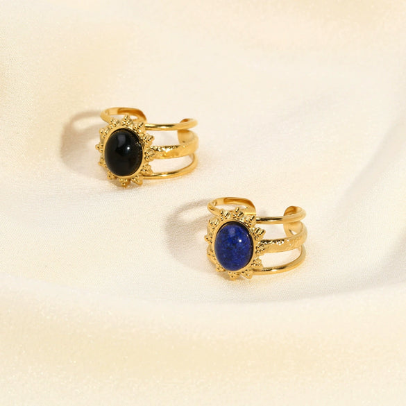 Wholesale Vintage Natural Stone Lapis Lazulio Opening Ring For Women Stainless Steel With 18K Gold Plating And Animal Zodiac Design