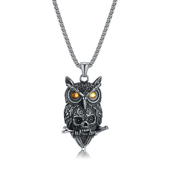 Wholesale Vintage Owl And Skull Pendant Men's Titanium Steel Necklace With Dripping Oil Treatment And Animal Zodiac Pattern