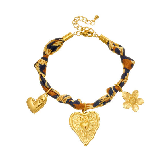 Wholesale Vintage Printed Stainless Steel Goldplated Irregular Heartshaped Flower Pendant Bracelet For Women