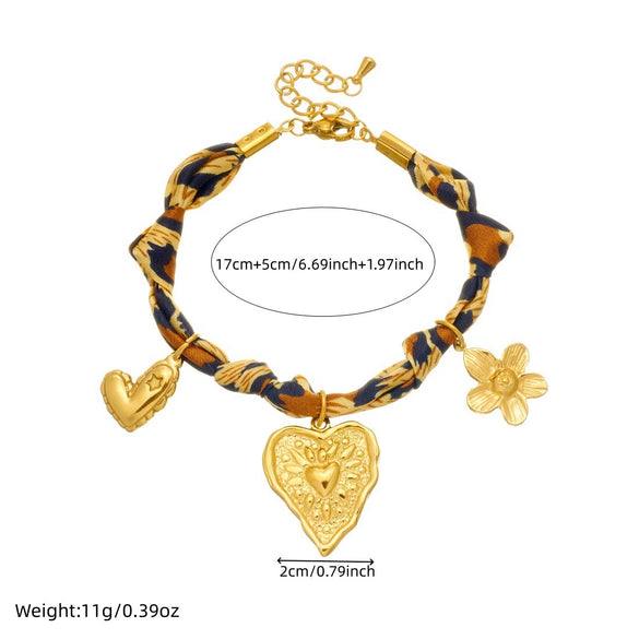 Wholesale Vintage Printed Stainless Steel Goldplated Irregular Heartshaped Flower Pendant Bracelet For Women