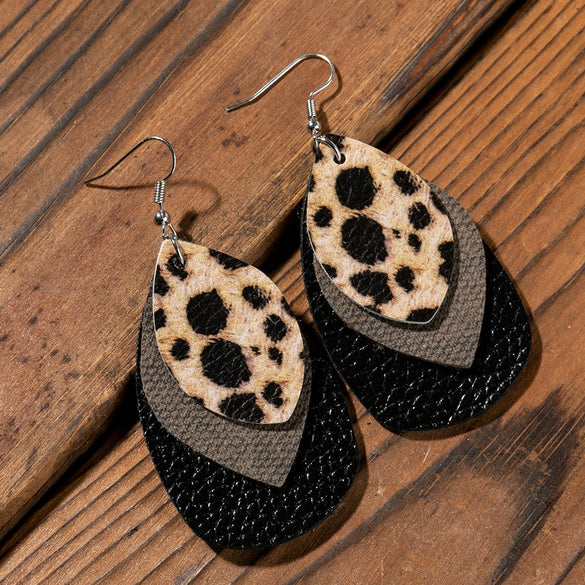 Wholesale Vintage Retro Multi Layer Water Drop Leaf Pu Leather Geometric Earrings
