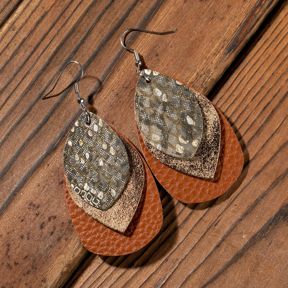 Wholesale Vintage Retro Multi Layer Water Drop Leaf Pu Leather Geometric Earrings