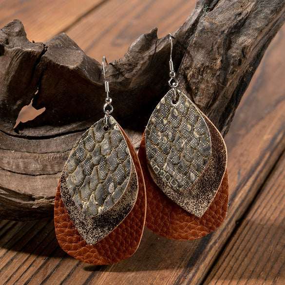 Wholesale Vintage Retro Multi Layer Water Drop Leaf Pu Leather Geometric Earrings