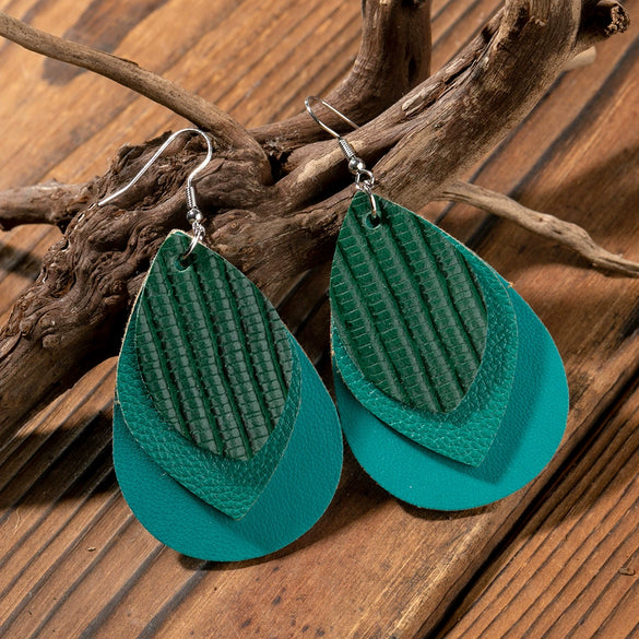 Wholesale Vintage Retro Multi Layer Water Drop Leaf Pu Leather Geometric Earrings