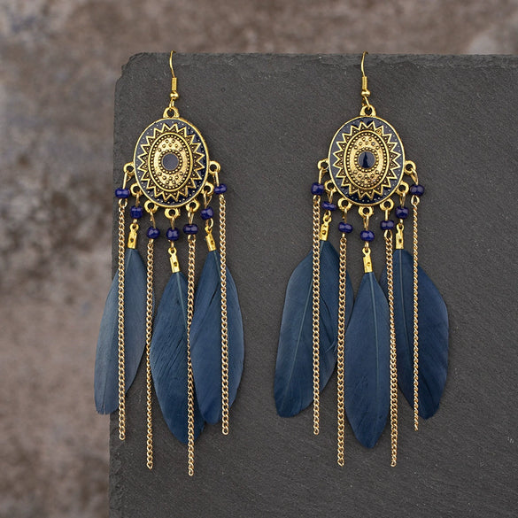 Wholesale Vintage Retro Style Alloy Feather Chain Tassel Earrings With Geometric Pattern And Electroplating For Women