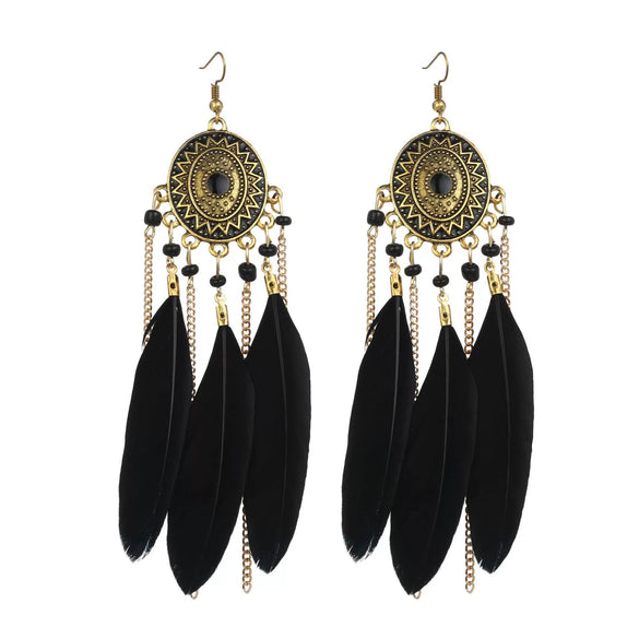 Wholesale Vintage Retro Style Alloy Feather Chain Tassel Earrings With Geometric Pattern And Electroplating For Women