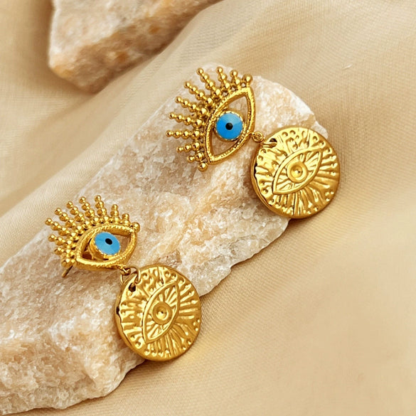 Wholesale Vintage Stainless Steel Geometric Devil Eyes Earrings Plated 18K Gold