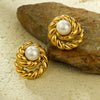 Wholesale Vintage Stainless Steel Gold Earrings Round With Inlaid Pearls Electroplated For Women