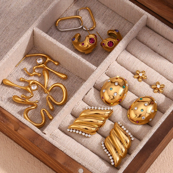 Wholesale Vintage Stainless Steel 18K Gold Plated Micro Inlaid Zircon Irregular Geometric Women's Earrings With Electroplating Treatment
