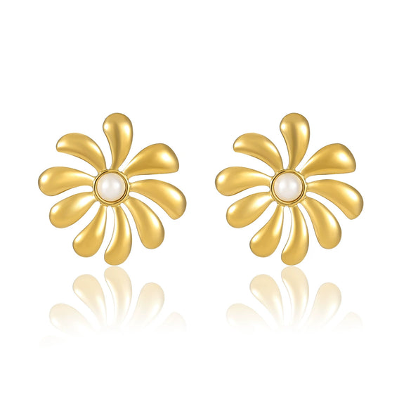 Wholesale Vintage Stainless Steel 18K Gold Plated Sunflower Pearl Women's Earrings