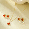 Wholesale Vintage Stainless Steel 18K Heart Shaped Pendant Necklace And Earrings Set Inlaid With Red Agate And Natural Pearl For Women With Electroplating Treatment