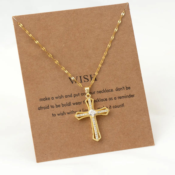 Vintage Style Geometric Cross Stainless Steel Plating Inlay Rhinestones Pearl Zircon 18k Gold Plated Pendant Necklace