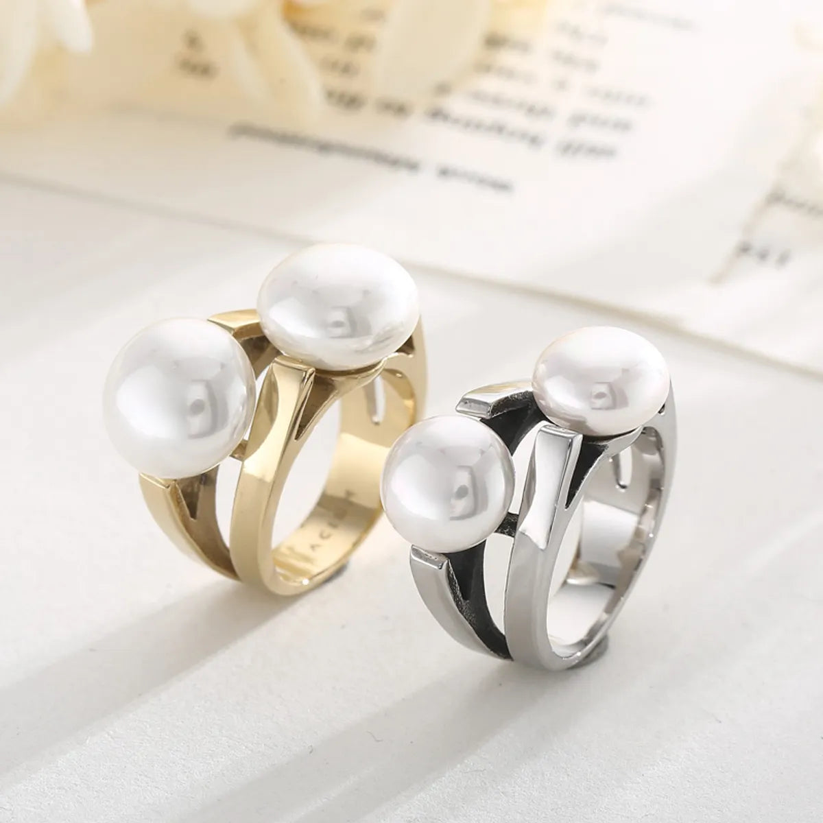 Wholesale Vintage Style Irregular Round Titanium Steel 18k Gold Plated Pearl Rings