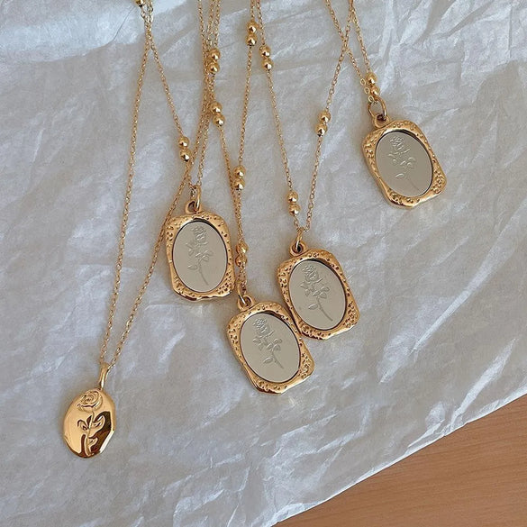 Wholesale Vintage Style Rose Flower Stainless Steel Titanium Steel Plating Pendant Necklace