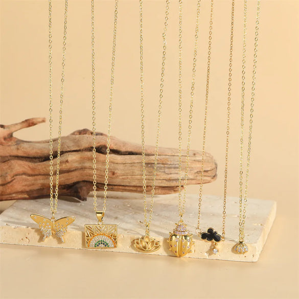 Wholesale Vintage Style Simple Style Commute Butterfly Copper Enamel Inlay 14K Gold Plated Zircon Pendant Necklace