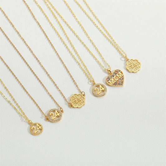 Wholesale Vintage Style Simple Style Commute Round Number Copper Plating 14K Gold Plated Zircon Pendant Necklace