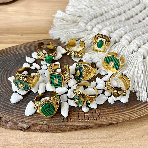 Wholesale Jewelry Vintage Style Square Oval 304 Stainless Steel Natural Stone 18K Gold Plated Plating Inlay Open Ring