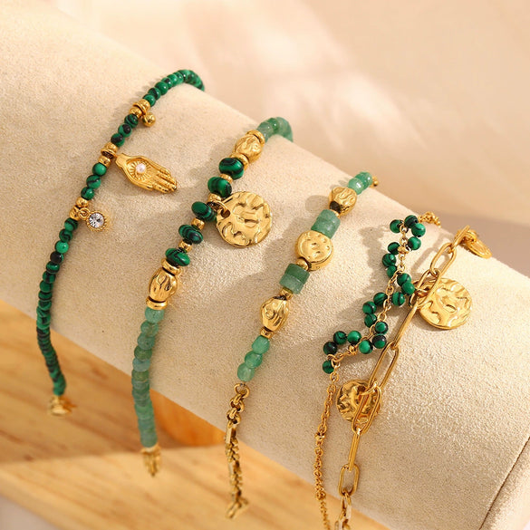 Wholesale Vintage Style Stainless Steel 18K Gold Plated Natural Stone Geometric Palm Coin Pendant Bracelet For Women