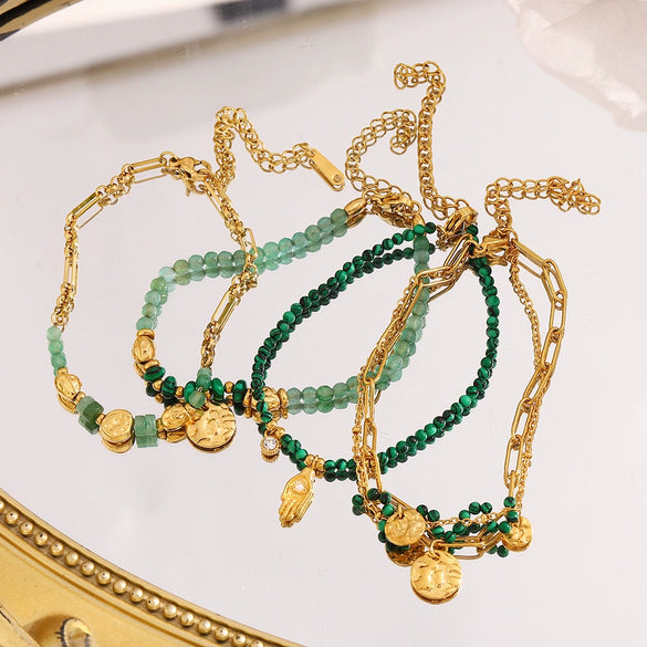 Wholesale Vintage Style Stainless Steel 18K Gold Plated Natural Stone Geometric Palm Coin Pendant Bracelet For Women
