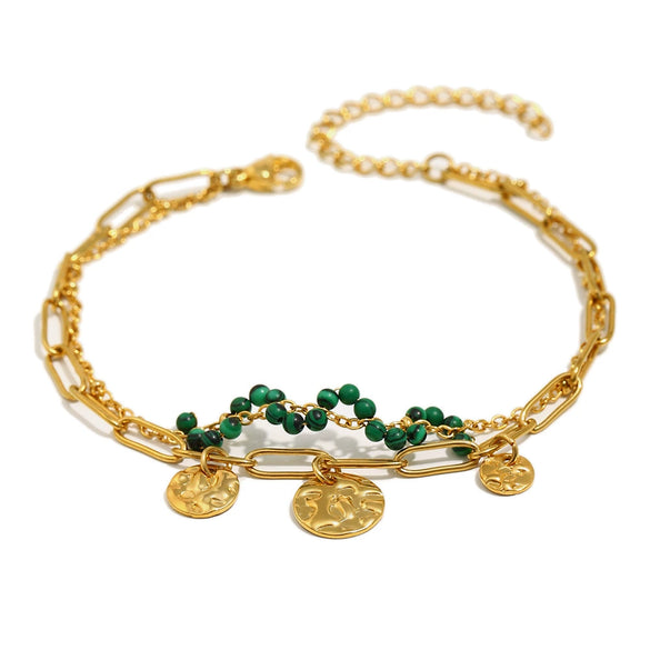 Wholesale Vintage Style Stainless Steel 18K Gold Plated Natural Stone Geometric Palm Coin Pendant Bracelet For Women