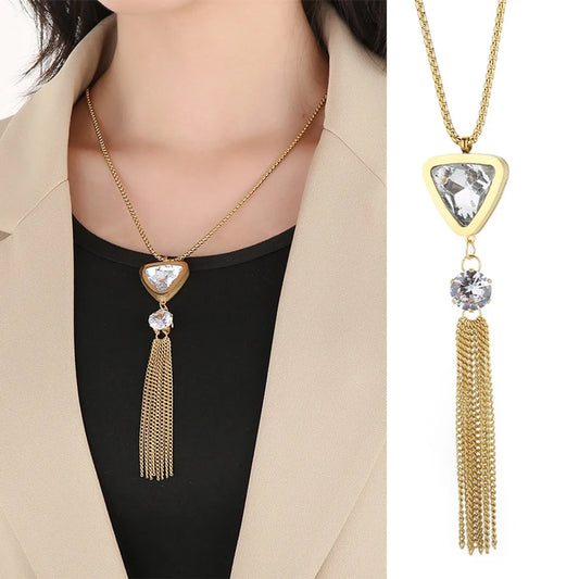 Wholesale Vintage Style Triangle Rhombus Titanium Steel Tassel Plating Pendant Necklace