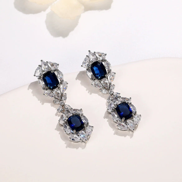Wholesale Vintage Tassel Sapphire Blue Zircon Earrings Copper Geometric Style