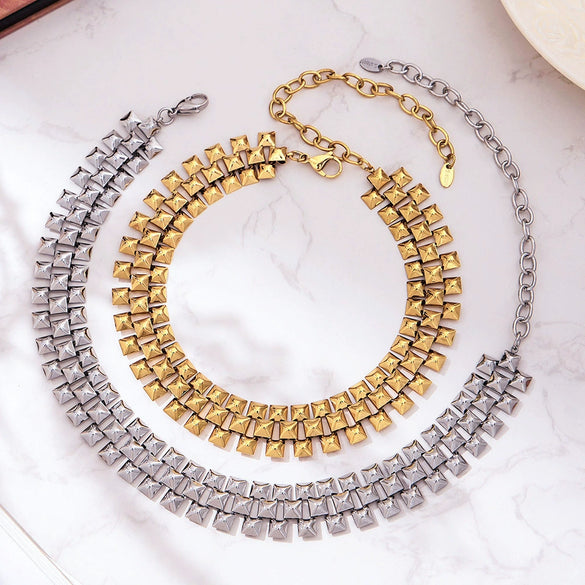 Wholesale Vintage Threerow Rivet Hand Assembled 18K Gold Plated Stainless Steel Necklace And Bracelet For Women