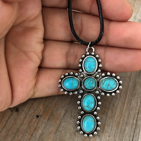 Wholesale Vintage Turquoise Cross Alloy Necklace With Leather Rope And Electroplating Treatment