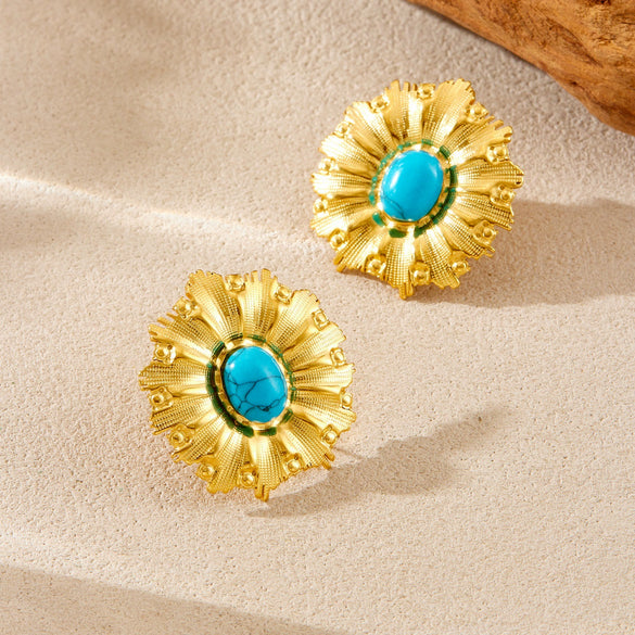 Wholesale Vintage Turquoise Sunflower Stainless Steel Electroplated Jewelry Set For Women