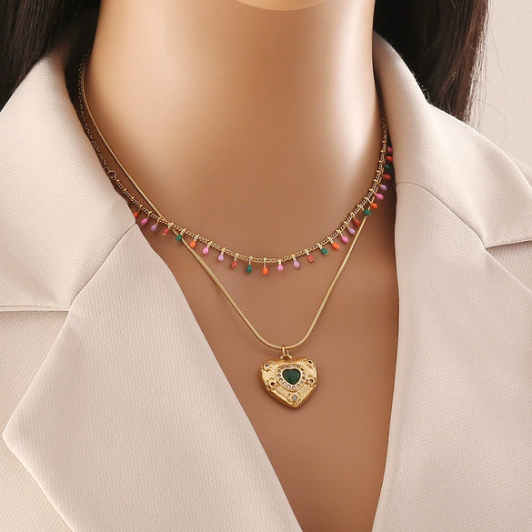 Wholesale Water Drop Necklace Geometric Stainless Steel Double O Chain Jewelry With Dripping Oil Treatment For Women