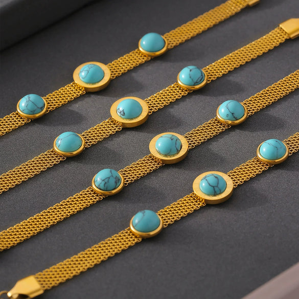 Wholesale Wide Mesh Round Turquoise Bracelet Retro Personality Design Titanium Steel 18K Gold Plated Geometric Jewelry For Women