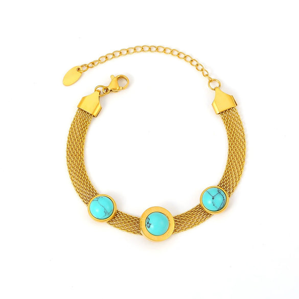 Wholesale Wide Mesh Round Turquoise Bracelet Retro Personality Design Titanium Steel 18K Gold Plated Geometric Jewelry For Women