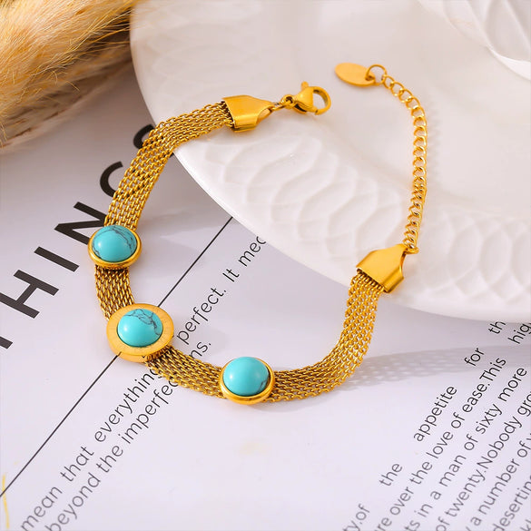 Wholesale Wide Mesh Round Turquoise Bracelet Retro Personality Design Titanium Steel 18K Gold Plated Geometric Jewelry For Women