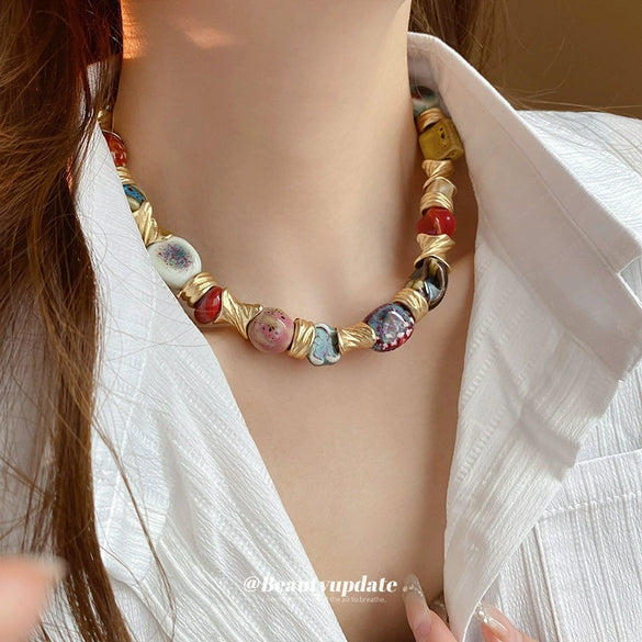 Wholesale Women Ceramic Flower Geometric Handmade Ethnic Retro Exaggerated Clavicle Chain Necklace