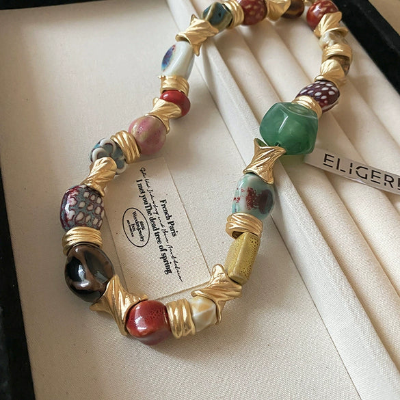 Wholesale Women Ceramic Flower Geometric Handmade Ethnic Retro Exaggerated Clavicle Chain Necklace