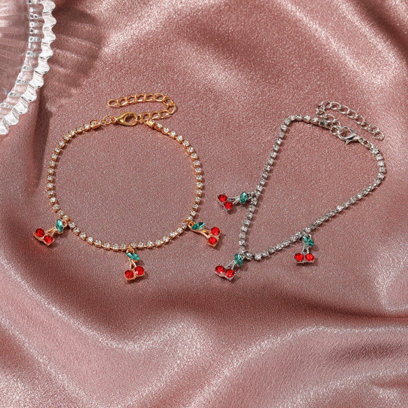 Wholesale Women Cherry Rhinestone Alloy Anklet With Fruit Pendant Tennis Chain