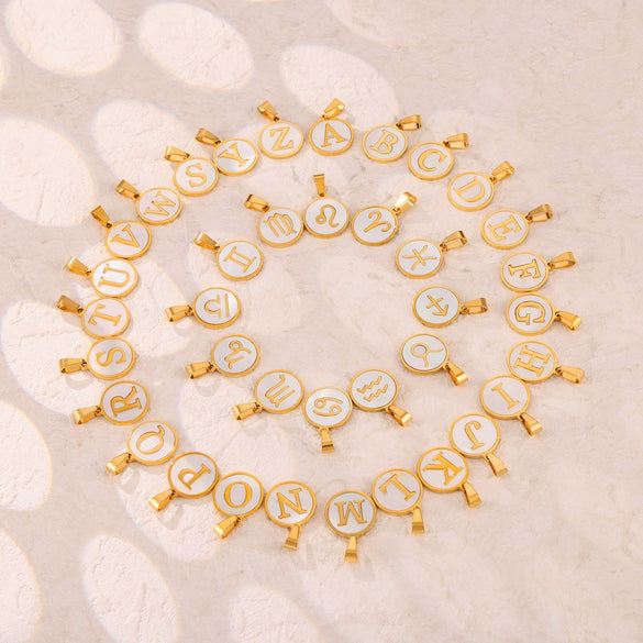 Wholesale Women Jewelry Titanium Steel Round Pendant Necklace Inlaid With White Shell And English Letters Electroplated