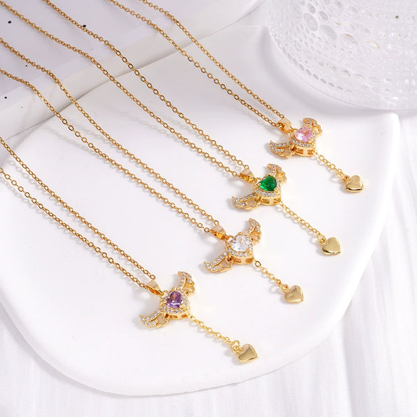 Wholesale Women Light Luxury Copper Heart Shape Necklace With Mixed Gemstone Inlay And Electroplating Treatment