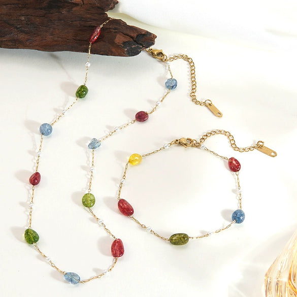 Wholesale Women Light Luxury Geometric Stainless Steel Gold Plated Beaded Necklace
