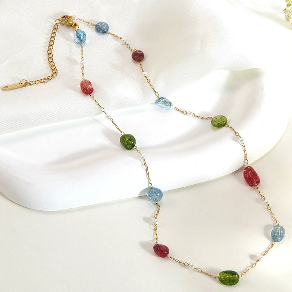 Wholesale Women Light Luxury Geometric Stainless Steel Gold Plated Beaded Necklace