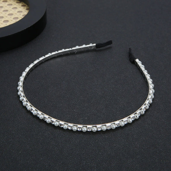 Wholesale Women Metal Handwrapped Narrow Headband Set With Pearl Rhinestone Electroplated Natural Style