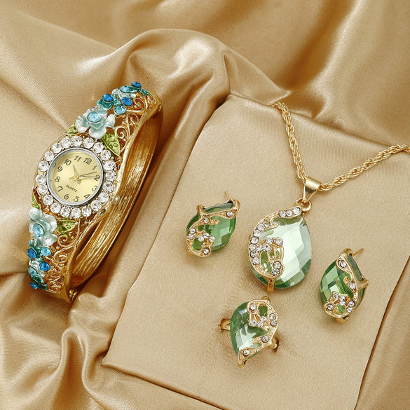 Wholesale Women Quartz Bracelet Watch Jewelry Set Alloy Stainless Steel Oval Dial Threedimensional Flower Middle Ancient Style