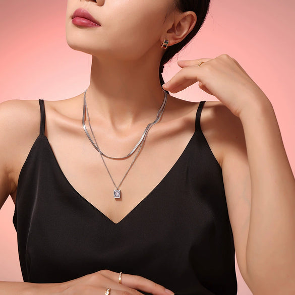 Wholesale Women Retro 316L Stainless Steel Geometric Square Pendant Double Layer Chain Necklace With Electroplating