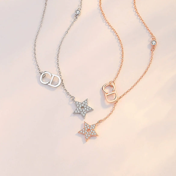 Wholesale Women S925 Silver Letter Micro Diamond Fivepointed Star Clavicle Necklace Simple Style Cross Chain