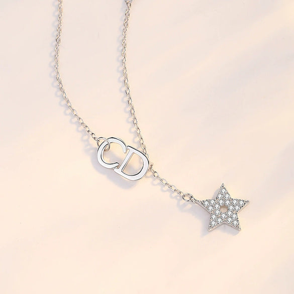 Wholesale Women S925 Silver Letter Micro Diamond Fivepointed Star Clavicle Necklace Simple Style Cross Chain