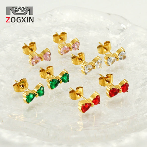 Wholesale Women 316L Stainless Steel 18K Zircon Inlaid Bow Earrings