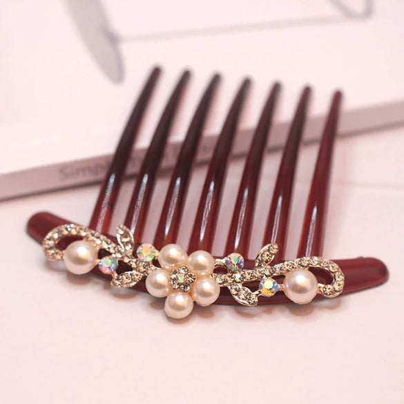Wholesale Women's Acrylic Hair Accessories With Pearl And Rhinestone Leafshaped Electroplated Hair Comb And Hair Pin
