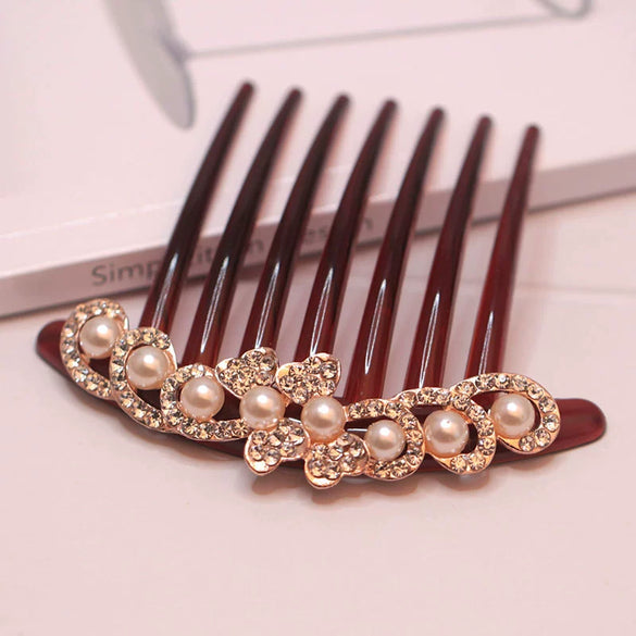 Wholesale Women's Acrylic Hair Accessories With Pearl And Rhinestone Leafshaped Electroplated Hair Comb And Hair Pin