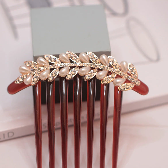 Wholesale Women's Acrylic Hair Accessories With Pearl And Rhinestone Leafshaped Electroplated Hair Comb And Hair Pin